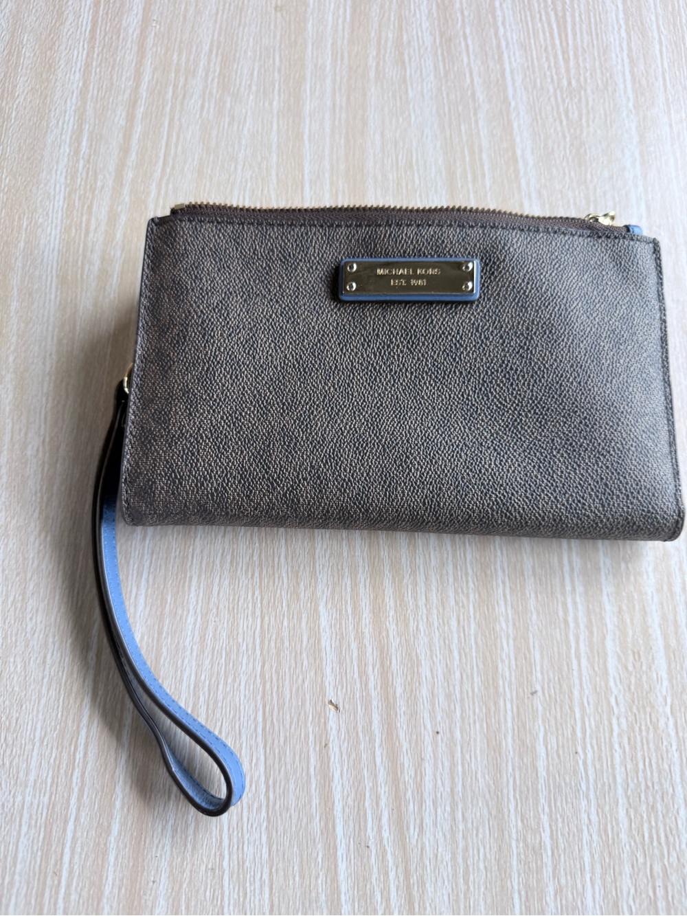 Michael Kors Jet Set Double Zip Brown & Blue Wristlet with Blue Strap